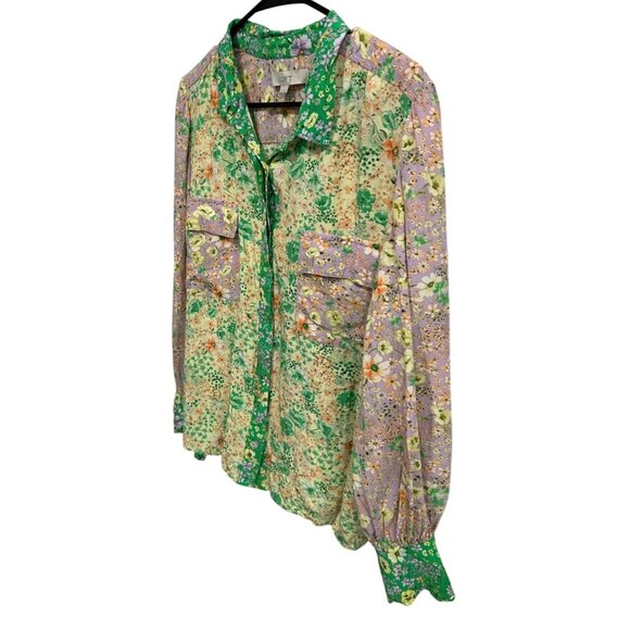 Loft Dainty Floral Button Down Blouse Sz XL Green Purple Loose Fit - Picture 3 of 9